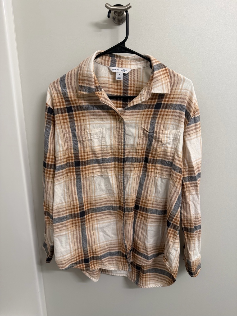 Casual Plaid Button-Up Shirt - Beige & Gray - Staple Old Navy Flannel - Size Med